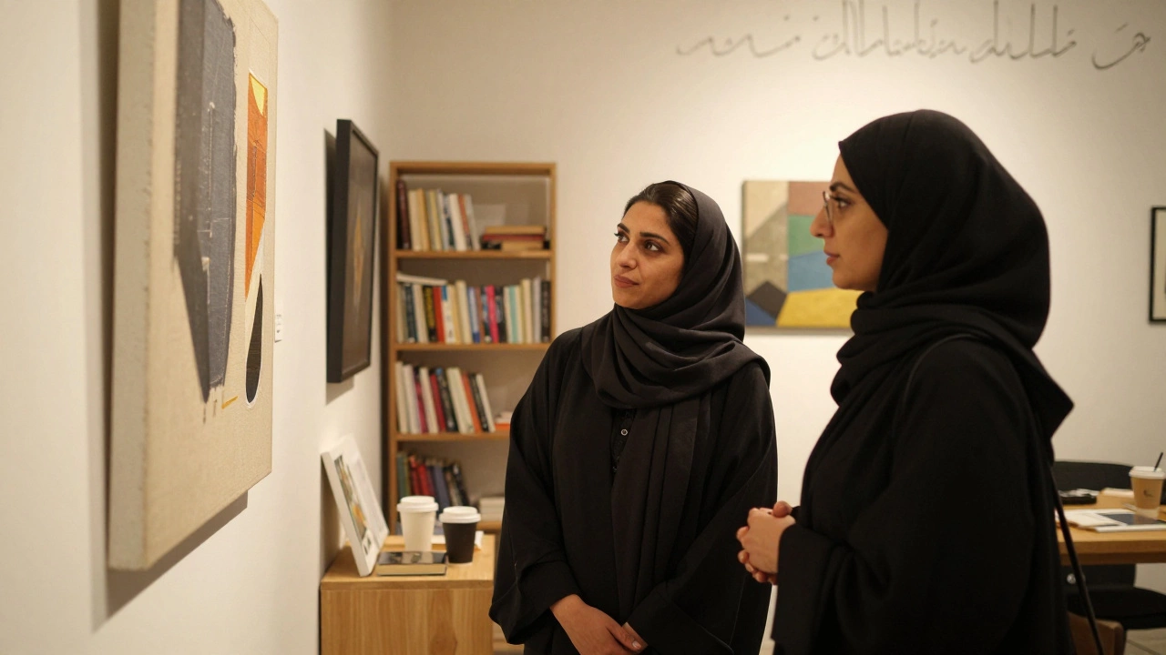 A woman in a modern abaya and a client admire art together in a quiet Dubai gallery.