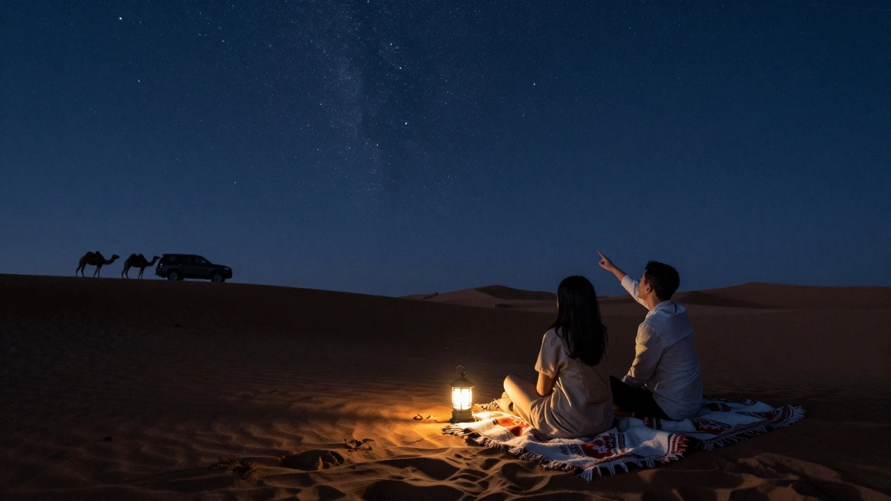 Two people sit under a starry desert sky in Dubai, illuminated by a soft lantern.